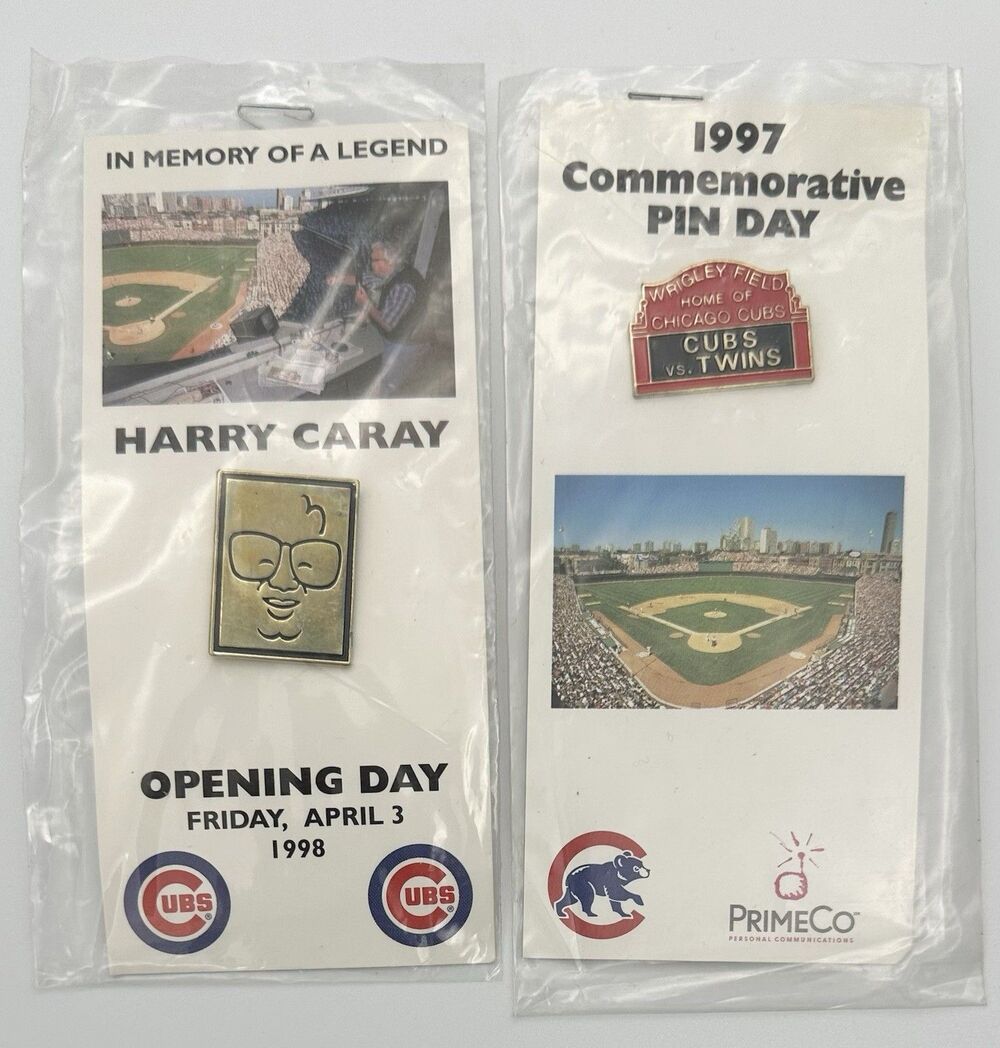 NOS Sealed Chicago Cubs 2pc Pin Lot  1998 Harry Caray Opening Day 1997 Twins SGA